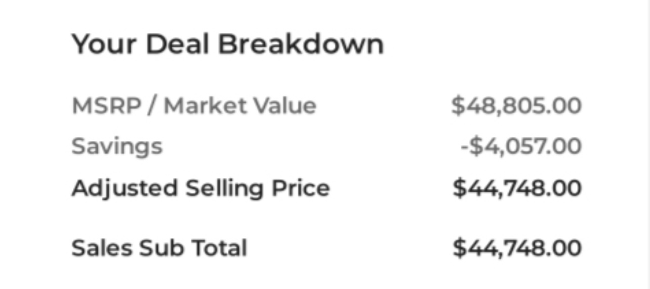 Deal sheet showing -$4,057 savings off MSRP — First Counter