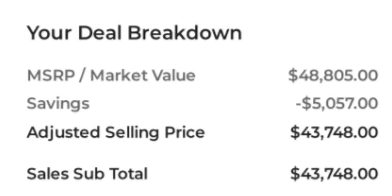 Deal sheet showing -$5,057 savings off MSRP — Second Push