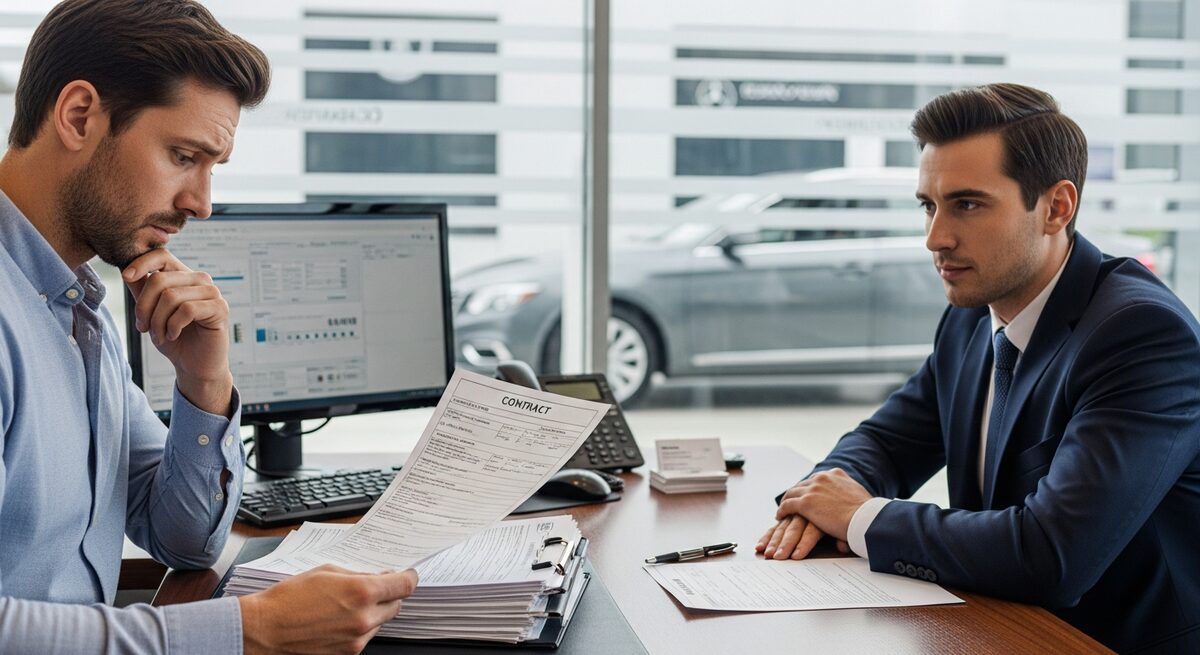 Concerned car buyer reviewing dealership contract paperwork — how Florida buyers overpay without realizing it