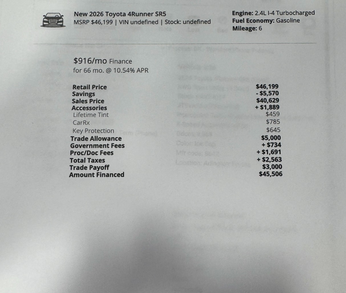 Competing 2026 Toyota 4Runner SR5 dealer quote showing $45,506 amount financed with $1,889 in dealer-added accessories and only $5,000 trade allowance