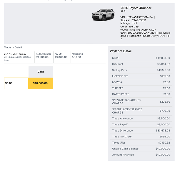 Final 2026 Toyota 4Runner SR5 deal sheet showing $40,000 out-the-door price with $9,500 trade allowance on 2017 GMC Terrain, Florida