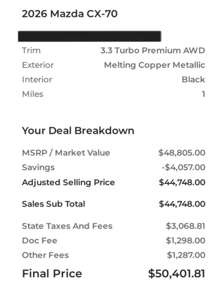 Initial Mazda CX-70 dealer offer