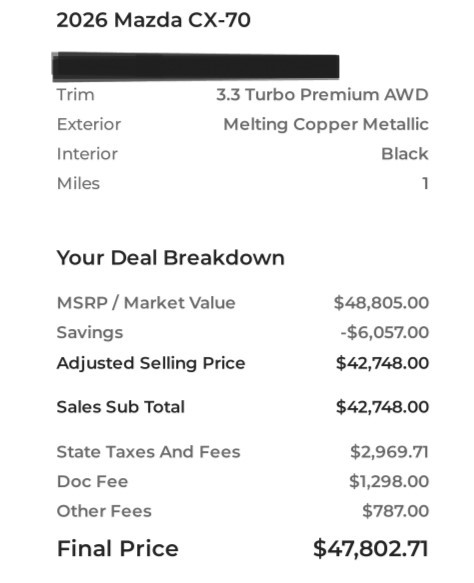 Final Mazda CX-70 deal sheet showing negotiated out-the-door pricing